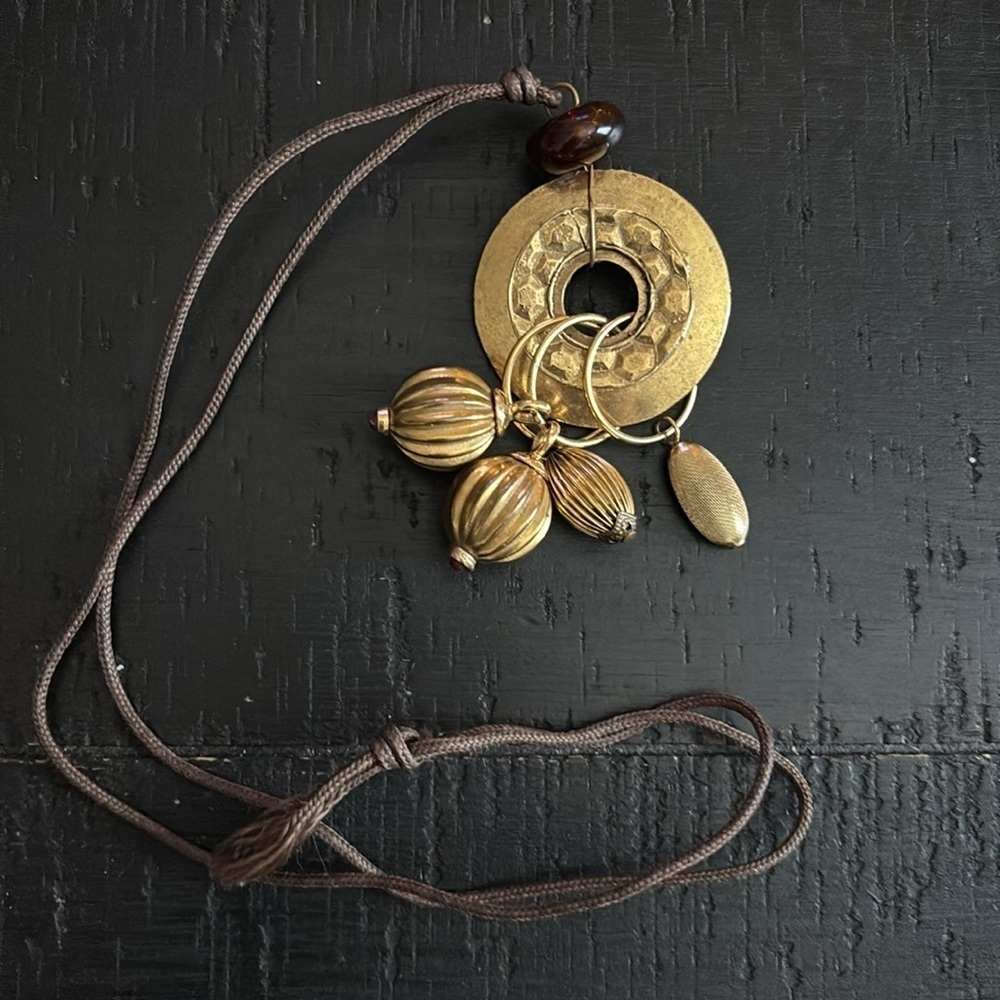 Brown Rope Gold Tone Dangle Charm Porthole Josie Necklace Boho Classy